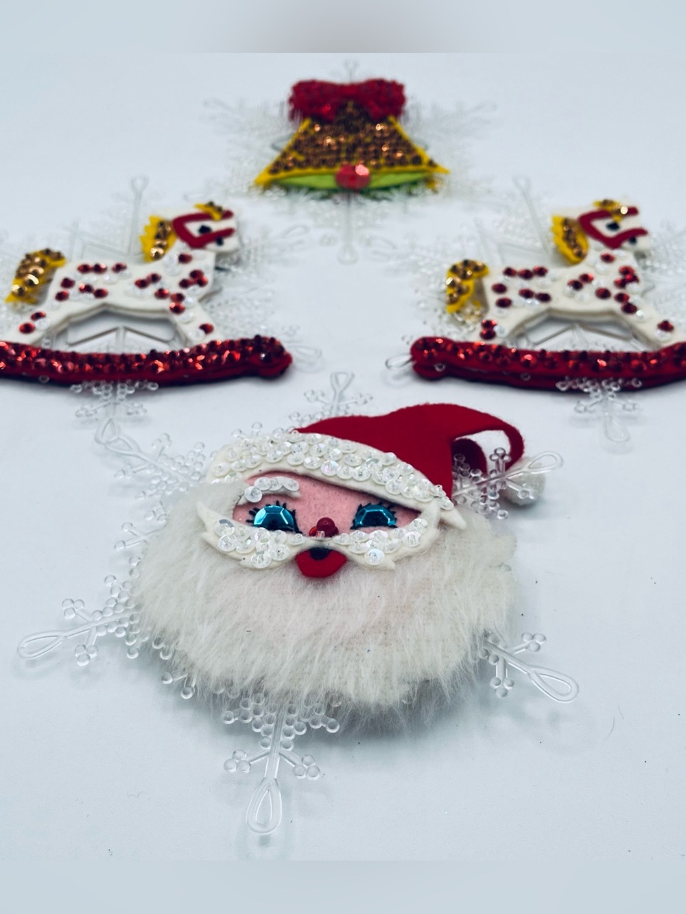 4 Edna Looney Felt Sequins Christmas Ornaments Santa Claus Rocking Horse Bell
